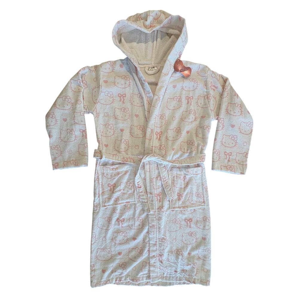 Hello Kitty 100% Cotton All-Over Face Bow Print Hooded Bathrobe Adult One Size